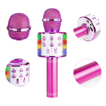 Mikrofon karaoke z głośnikami BT MP3 efekt LED różowy